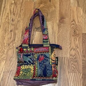 Laurel Burch Tapestry Tote Bag Whimsical Animal Print Colorful Beaded Charm